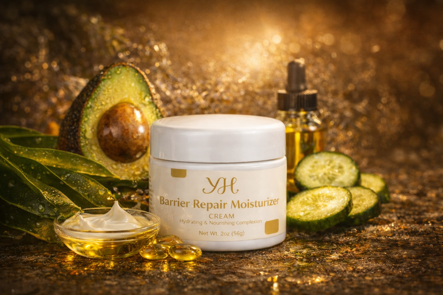 Barrier Repair Moisturizer cream with avocado, cucumbers, and oil on a golden background