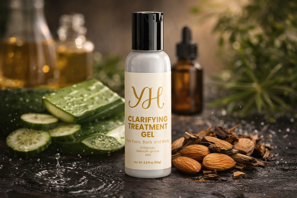 Clarifying treatment gel bottle with natural ingredients on a dark surface