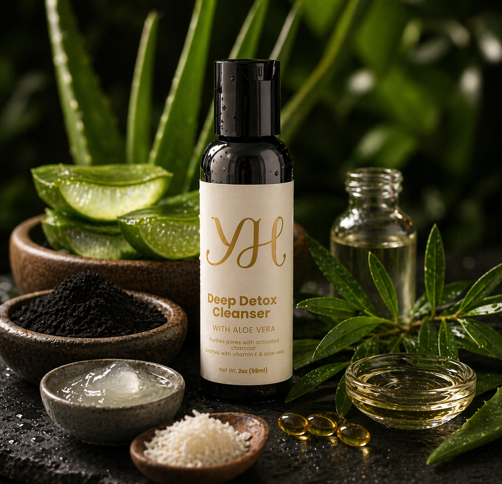 YH Deep Detox Cleanser bottle with aloe vera leaves and other natural ingredients on a dark surface.