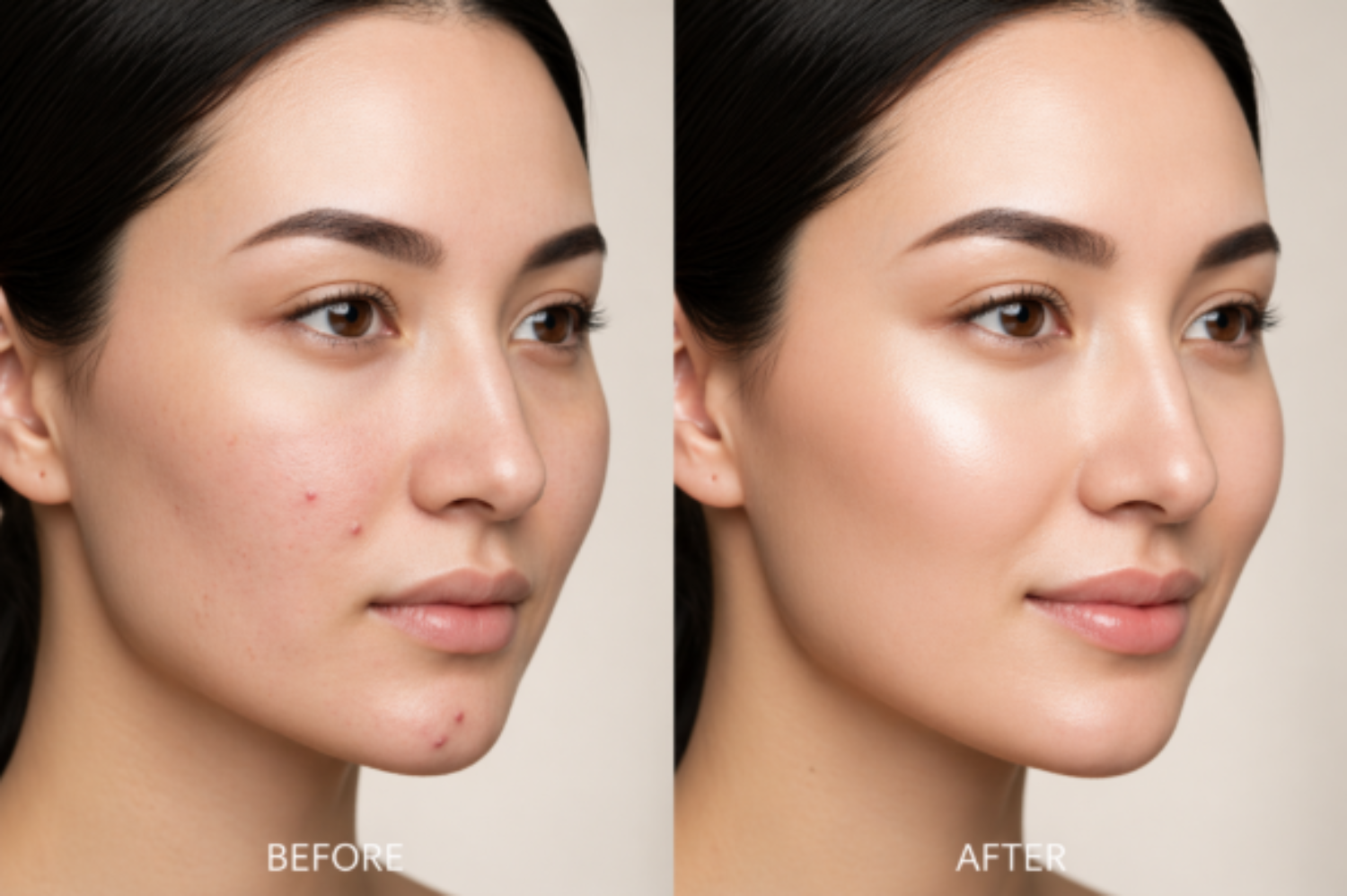 Before and after comparison of a woman's face with visible skin improvement.